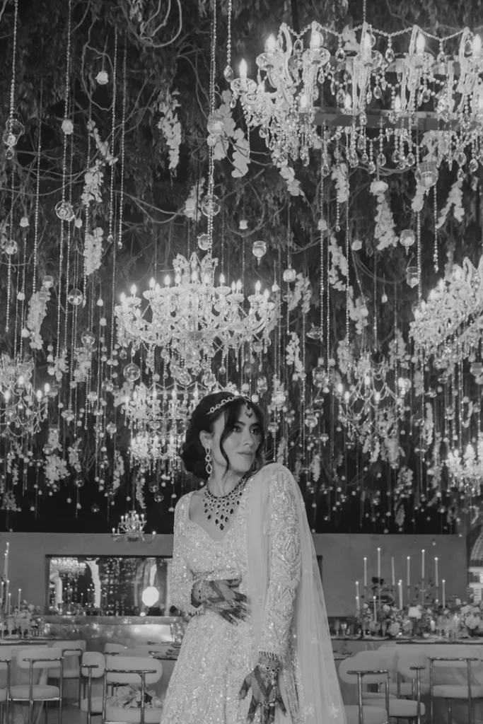 Novia en salón elegante. Foto en blanco y nego